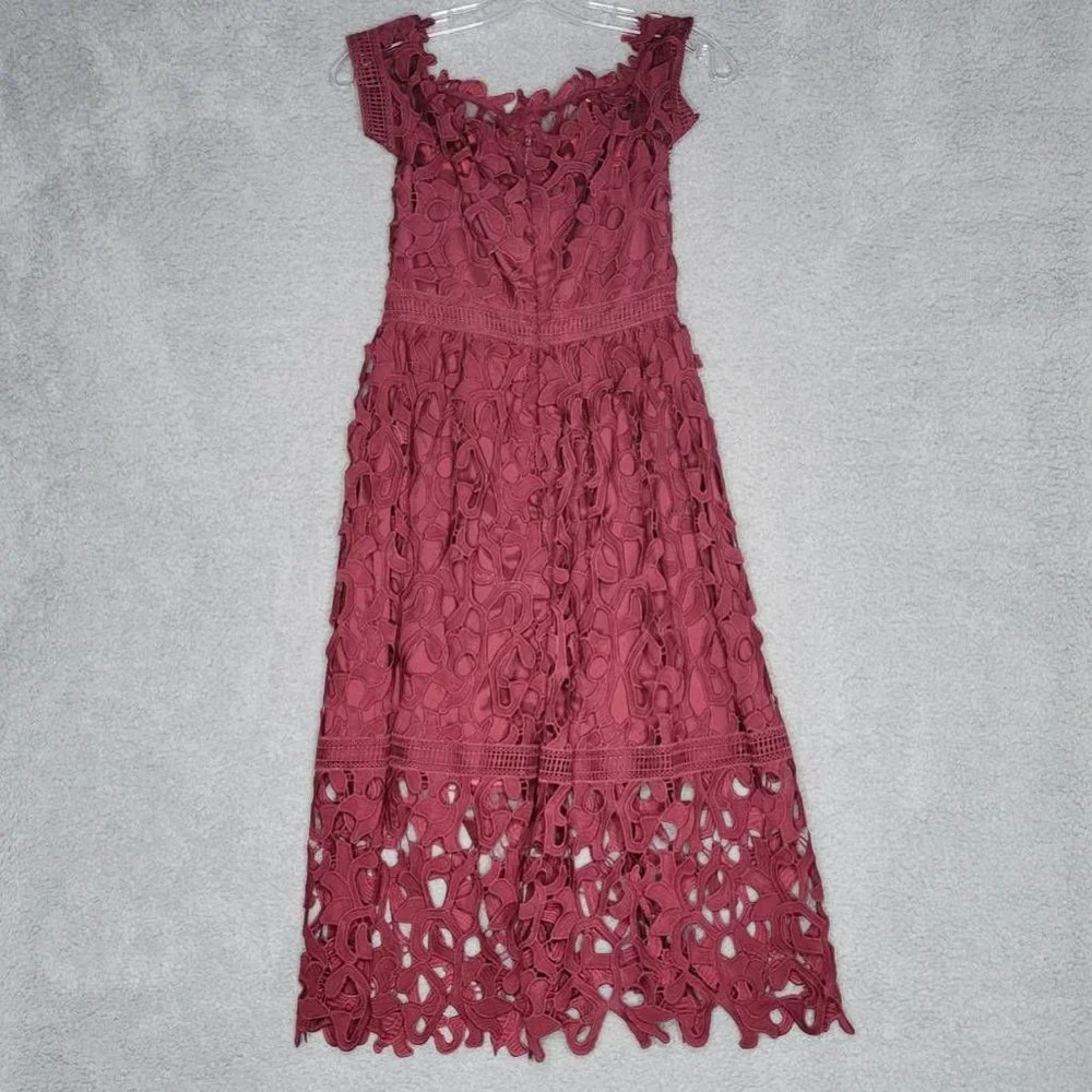 Chi Chi Womens Bardot Midi‎ Dress Fit & Flare Red Burgundy Lace Hem Lined 4 New - Picture 2 of 10